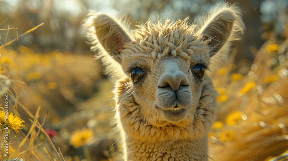 Obraz premium Alpaca posing for the camera in bright sunlight - close-up shot