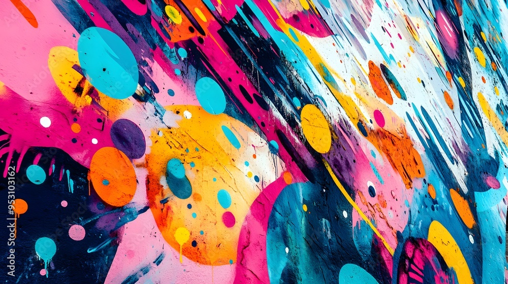 Naklejka premium Vibrant street art mural in a bustling city with colorful graffiti bright colors and diverse people bold lines and detailed 3D elements