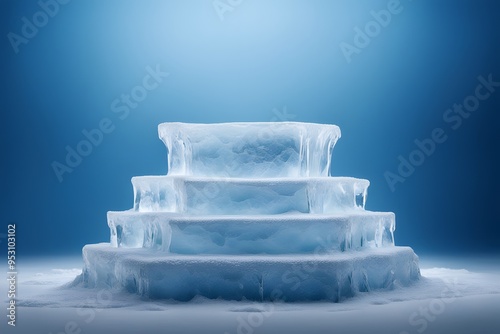 A podium made of ice with frosted surfaces and a cool blue snowy background, AI Generated