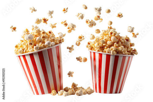 Two popcorn buckets tipping over, spilling fluffy kernels on a transparent background. The motion of the popcorn being tossed highlights the energy and excitement of enjoying a movie snack photo