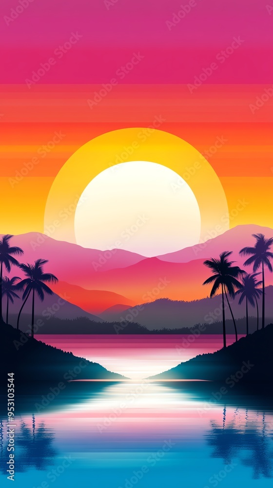 Fototapeta premium Colorful digital artwork of a tropical sunset over a serene lake with palm trees and mountains, reflecting vibrant hues in the water.