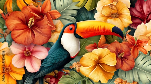 Colorful collage of a toucan with vibrant tropical flowers and leaves, creating a lush, exotic, and lively jungle scene.