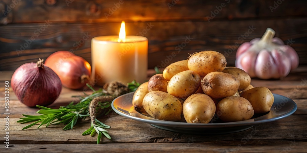 Close up of potatoes on a plate with onions and a candle in the background Close up of potatoes on a plate with onions and a candle in the background