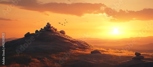 A pile of stones sits on a rock hilltop overlooking a valley at sunset, with the sun shining in the background, and a few birds flying in the sky. photo