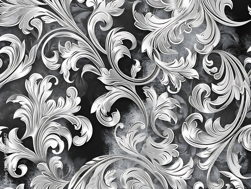 Beautiful floral elegant swirls damask fabric seamless pattern of hand drawn flowers with decorative dark
