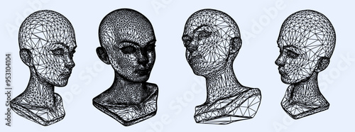 A set of 3d heads made of mesh. Illustration in techno futuristic style.