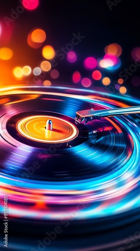 Vibrant spinning vinyl record with colorful lights, representing nostalgic music with a dynamic and energetic feel in a retro setting.