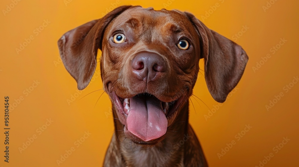 Hungry and Funny Mixed Breed Vizsla and Doberman Pincher Licking Lips Isolated on Orange Background Hungry and Funny Mixed Breed Vizsla and Doberman Pincher Licking Lips Isolated on Orange Background