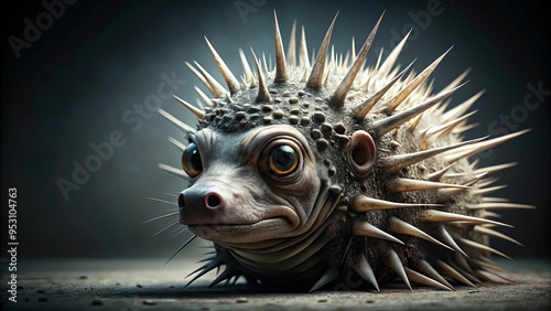 Weird animal with spiked head on dark background with gray backdrop photo