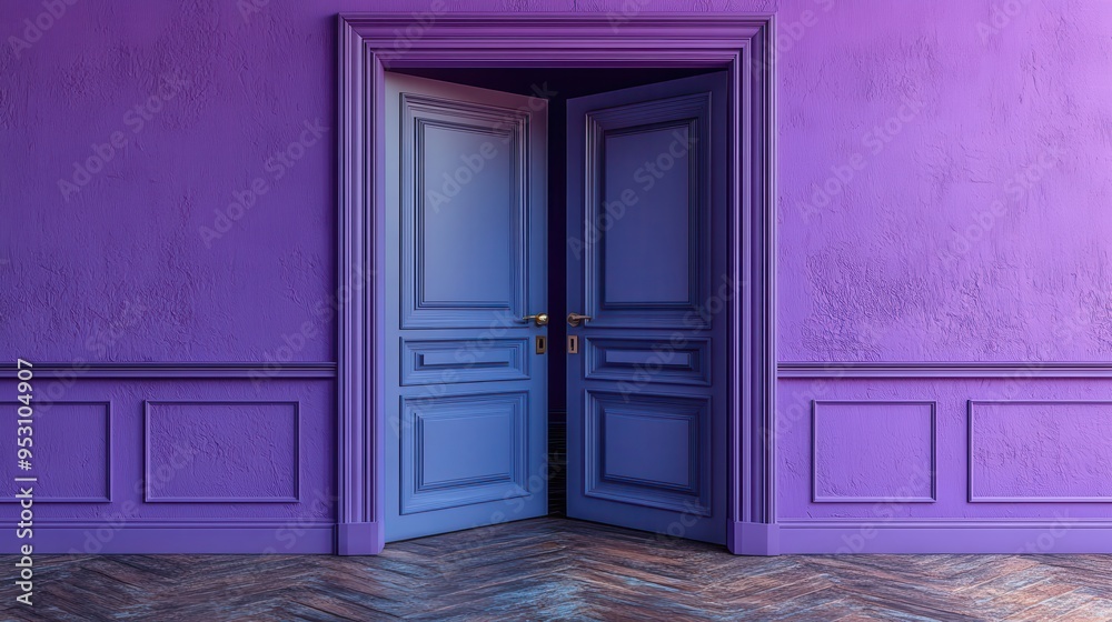3D render of a half-open double door isolated on a violet background as an architectural or interior element 3D render of a half-open double door isolated on a violet background as an architectural or interior element
