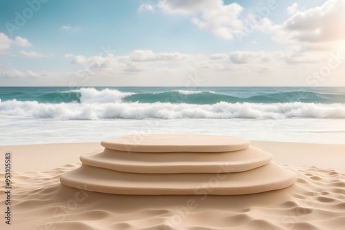 Wallpaper Mural A podium made of sand with an ocean wave backdrop perfect for beach themed products, AI Generated Torontodigital.ca