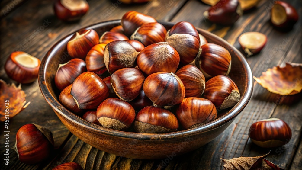 Chestnuts arranged in a decorative bowl, warm soft light, shot from a slight overhead angle, evoking a sense of luxury, a realistic photo image. Chestnuts arranged in a decorative bowl, warm soft light, shot from a slight overhead angle, evoking a sense of luxury, a realistic photo image.