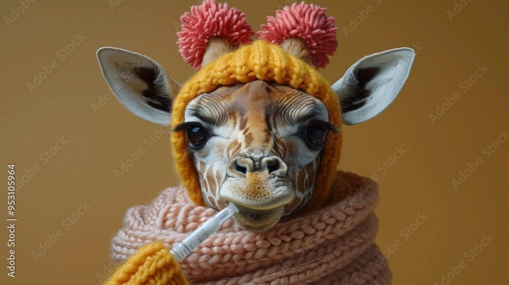 Sick Giraffe with Thermometer and Scarf - Vector Illustration for Prints and Patterns Sick Giraffe with Thermometer and Scarf - Vector Illustration for Prints and Patterns