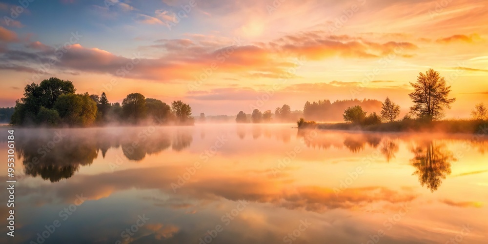 Soft apricot hues paint the sky at dawn, reflecting off a still lake, captured from a low angle, with subtle mist, gentle warm light, and a sense of peacefulness, a realistic photo image. Soft apricot hues paint the sky at dawn, reflecting off a still lake, captured from a low angle, with subtle mist, gentle warm light, and a sense of peacefulness, a realistic photo image.