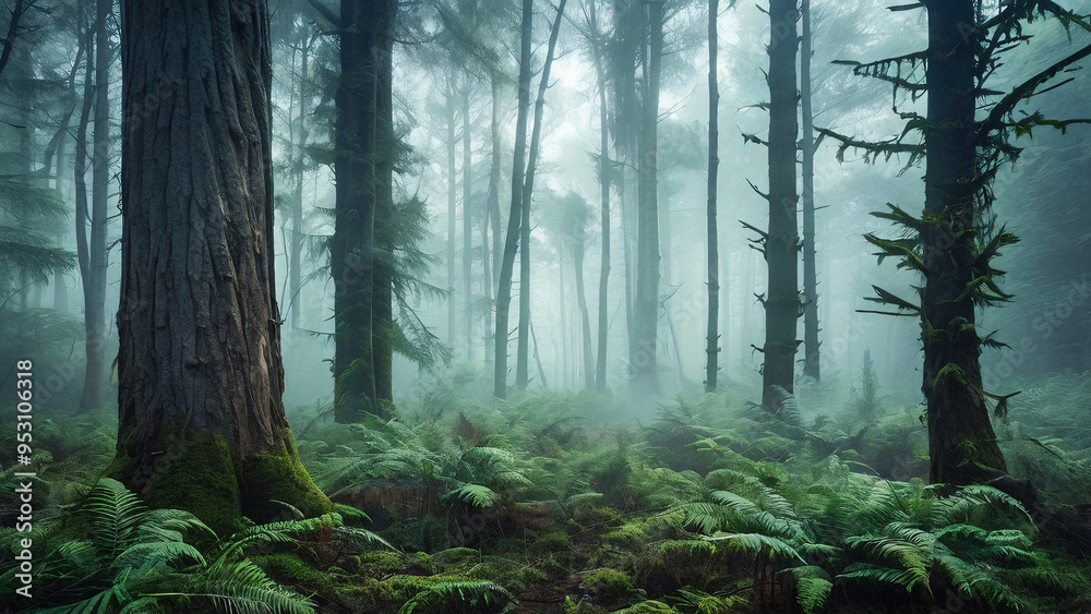 Fototapeta premium Misty Morning: Forest in Dawn's Light