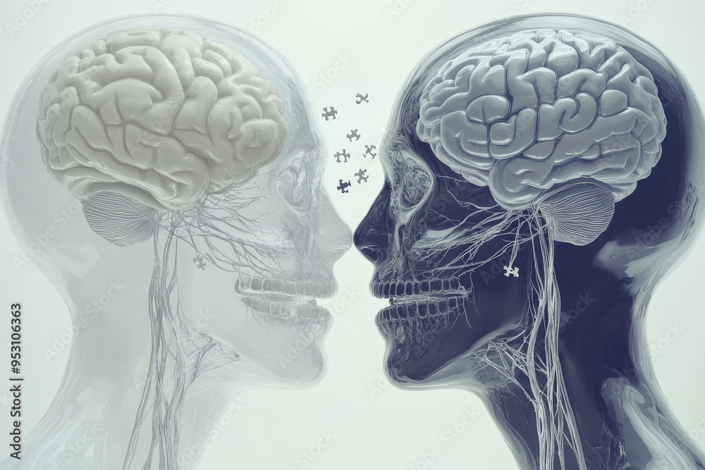 Obraz premium Two transparent heads with visible brain structures symbolizing the transparency of thought intellectual openness and mental clarity