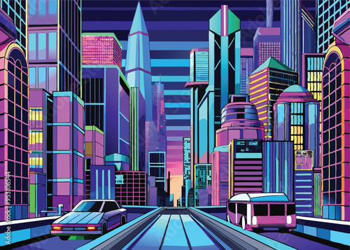 Photography Vector Illustration of a Futuristic Cityscape with Flying Cars and Neon Lights