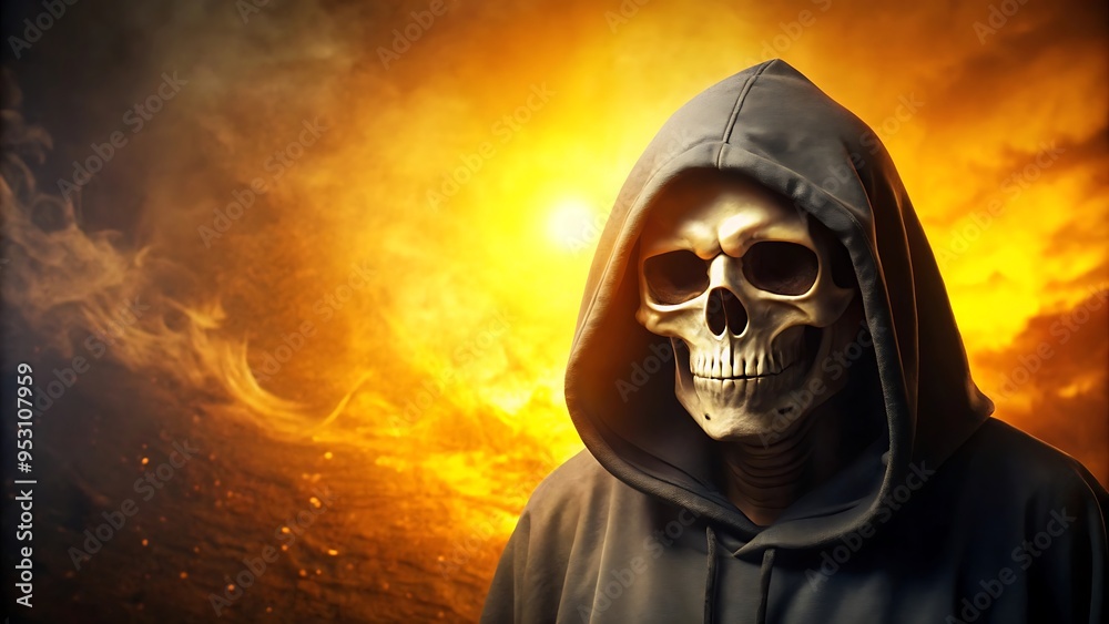 Grim Reaper in a mask, dark background with copy space, Death in the Hood concept Grim Reaper in a mask, dark background with copy space, Death in the Hood concept