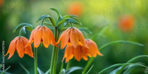 Blooming Orange Fritillaria imperialis, commonly referred to as crown imperial or imperial fritillary, featuring the sunset variety. photo