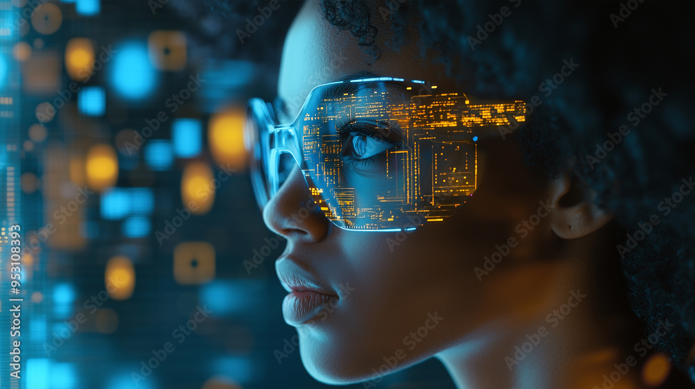 AI cyber security threat illustration, female african american IT specialist analysing futuristic holographic data information. Augmented reality artificial intelligence collage, side profil AI cyber security threat illustration, female african american IT specialist analysing futuristic holographic data information. Augmented reality artificial intelligence collage, side profil