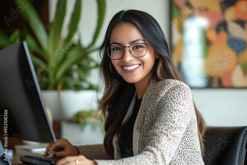 Successful Indian business woman in front of computer, Girlboss, feminism, Diversity equity inclusion photo