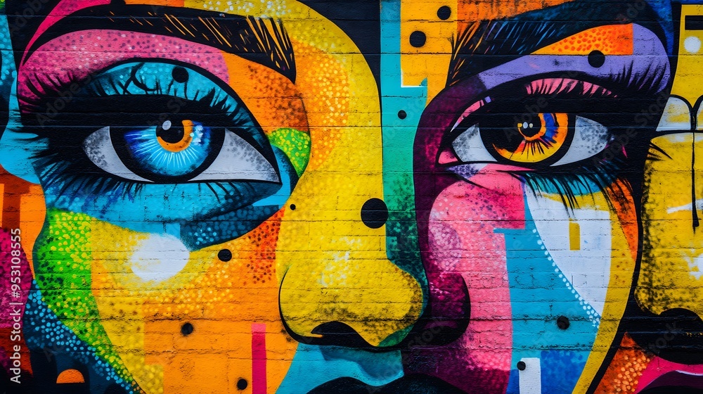 Naklejka premium Vibrant street art mural in a bustling city with colorful graffiti bright colors and diverse people bold lines and strong 3D elements