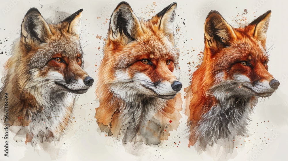 Obraz premium Hand-Drawn Watercolor Animal Portraits: Wolf, Fox, Bear, and Rabbit Heads