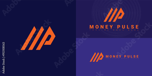 Modern vector initial letter MP or PM logo in orange color isolated on multiple background colors. The logo is suitable for credit card payment services logo design inspiration templates.