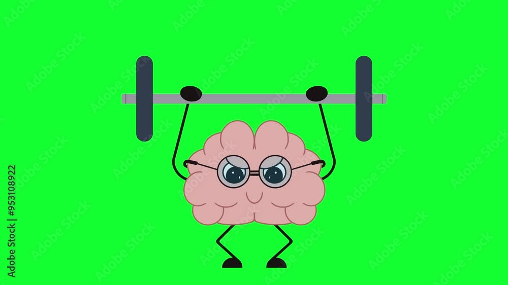 Brain character lifting barbell on green screen animaiton. Mental exercise concept.
