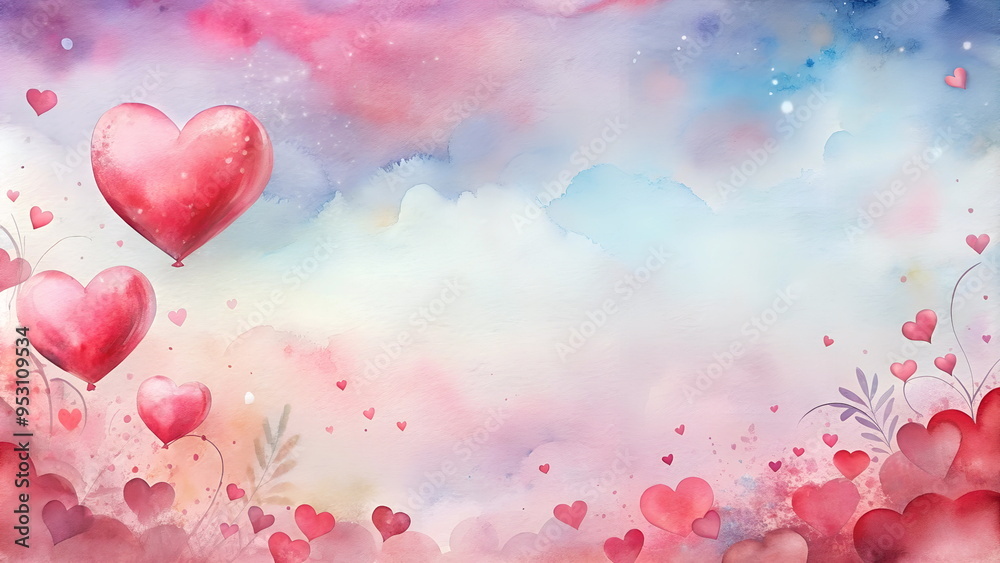 Valentine's day watercolor background greeting card with red pink hearts pattern frame template, copy space. Banner. Romantic backdrop. Valentine's day watercolor background greeting card with red pink hearts pattern frame template, copy space. Banner. Romantic backdrop.
