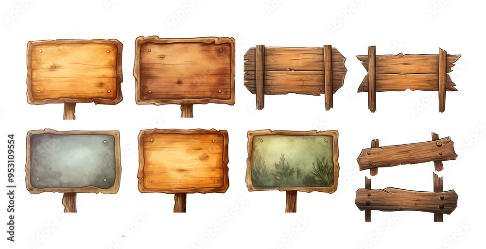 Fototapeta premium set of wood singboard Isolated on transparent background.