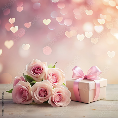Pink roses , gift box on blured hearts bokeh light  background . Copy space. ...