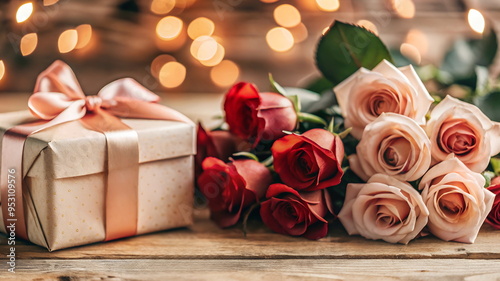 Roses bouquet and gift box on wooden background with bokeh light banner. Copy...