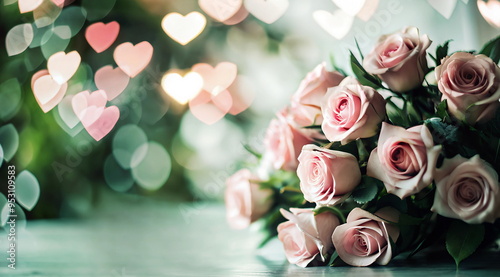 Pink roses bouquet on blured hearts bokeh   background banner. Copy space. Ho...