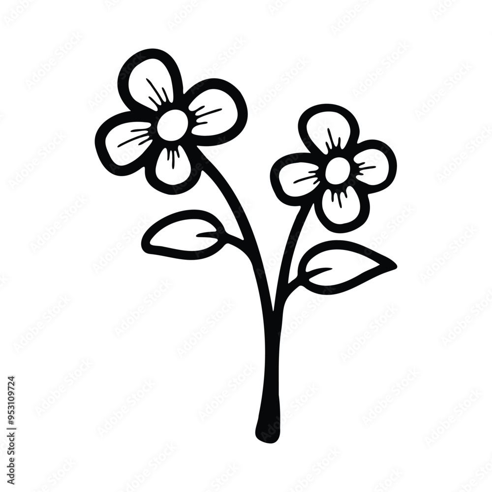 A black and white line art drawing of a flower stem with two blossoms and leaves A black and white line art drawing of a flower stem with two blossoms and leaves