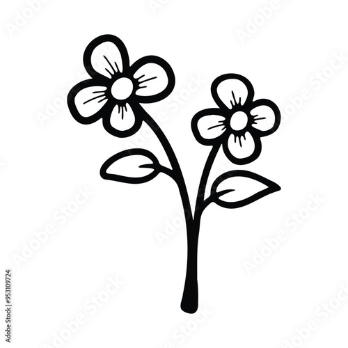 A black and white line art drawing of a flower stem with two blossoms and leaves