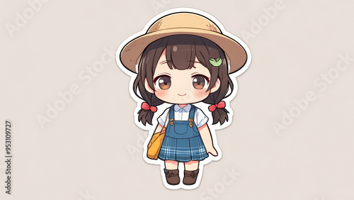 Sticker design of a cute kawaii girl in a farm uniform, cute girl anime cartoon illustration isolated on a white background