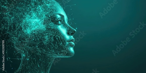 A digital rendering of a woman's face, composed of turquoise and blue data