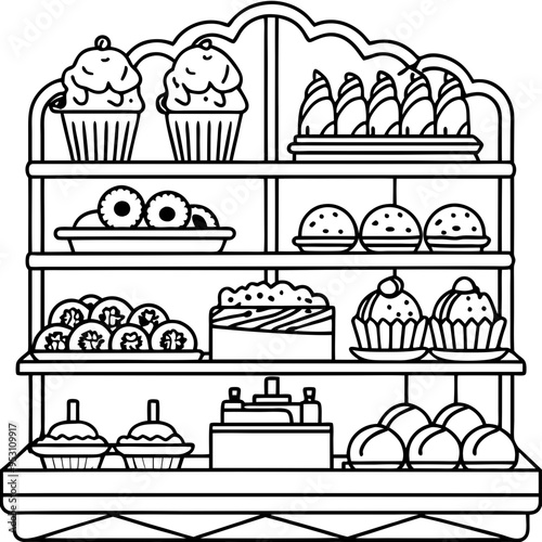 Confectionery. Pastry shop interior inside. Cafe or Candy store. Cakes and pastries are on the shelves. Set of holiday cakes and pastries. 