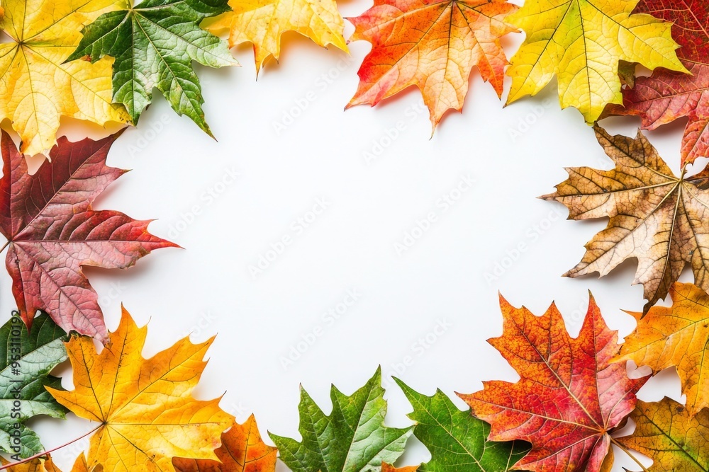Fototapeta premium Autumn Maple Leaves Flat Lay White Background created with Generative AI