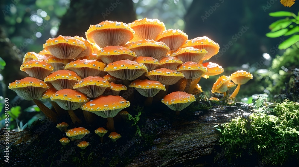 Cluster of Colorful Mushrooms Thriving on Rotting Log in Dark Humid Forest Cluster of Colorful Mushrooms Thriving on Rotting Log in Dark Humid Forest