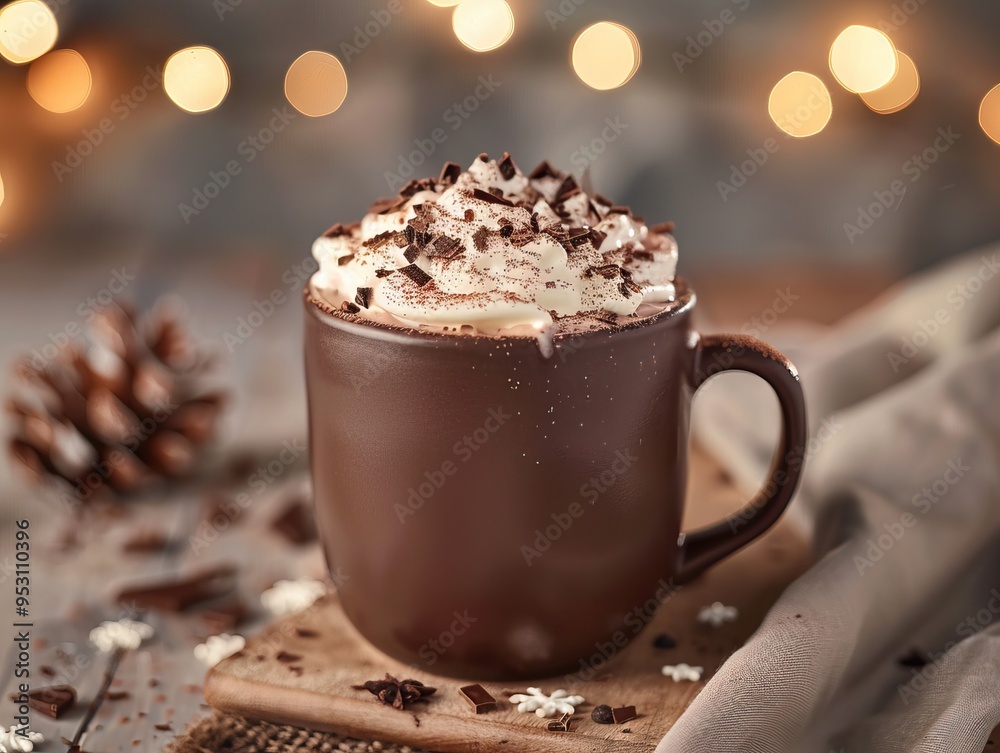 Mug of hot chocolate with whipped cream and pine cone showcasing winter comfort drink and holiday beverage concept Mug of hot chocolate with whipped cream and pine cone showcasing winter comfort drink and holiday beverage concept