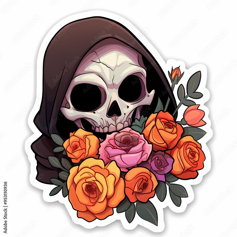 Skull with a dark hood surrounded by vibrant roses, blending themes of life and death. Skull with a dark hood surrounded by vibrant roses, blending themes of life and death.