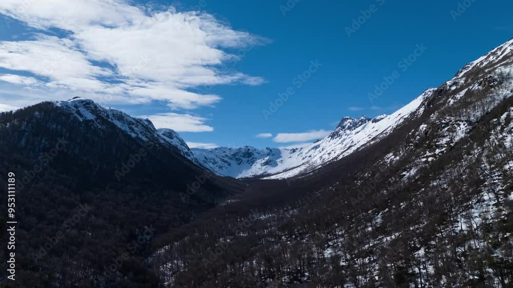 Hyperlapse or Timelapse of the snowy Cajón Negro valley in Villa la Angostura, Patagonia Argentina. The image captures the majestic, snow-covered mountains framing a serene Hyperlapse or Timelapse of the snowy Cajón Negro valley in Villa la Angostura, Patagonia Argentina. The image captures the majestic, snow-covered mountains framing a serene