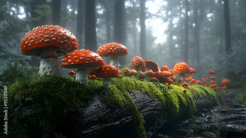 Diverse Mushroom Varieties Adorning a Moss Covered Fallen Log in a Shadowy Forest Setting photo