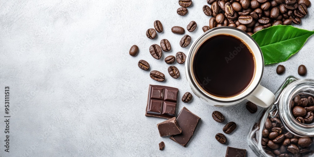 Obraz premium Top view of coffee in a cup. Scoop of coffee beans in a bag, leaves and chocolate on dark and bright background. Copy space for text