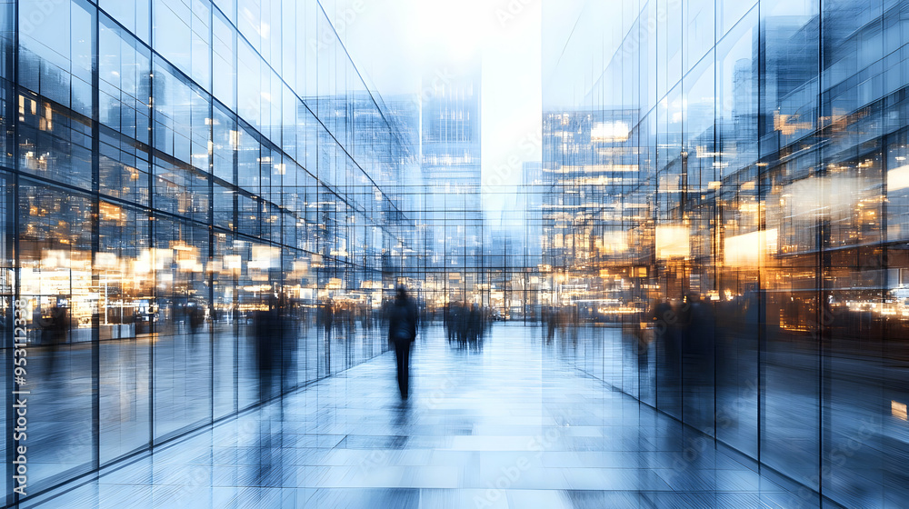 Urban Cityscape with Blurred Reflections in Glass Buildings