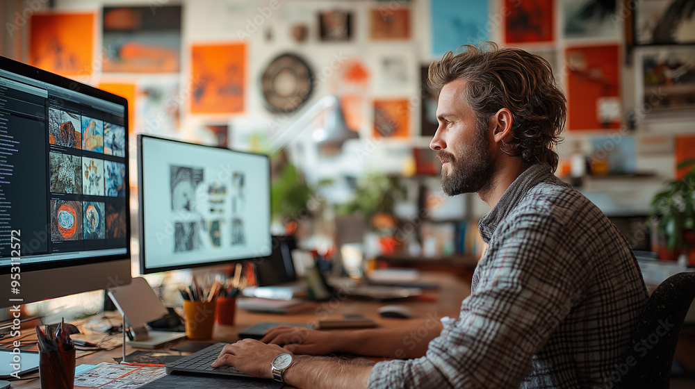 Designer focused on work at a computer, creating and developing digital designs in a modern workspace
Designer focused on work at a computer, creating and developing digital designs in a modern workspace