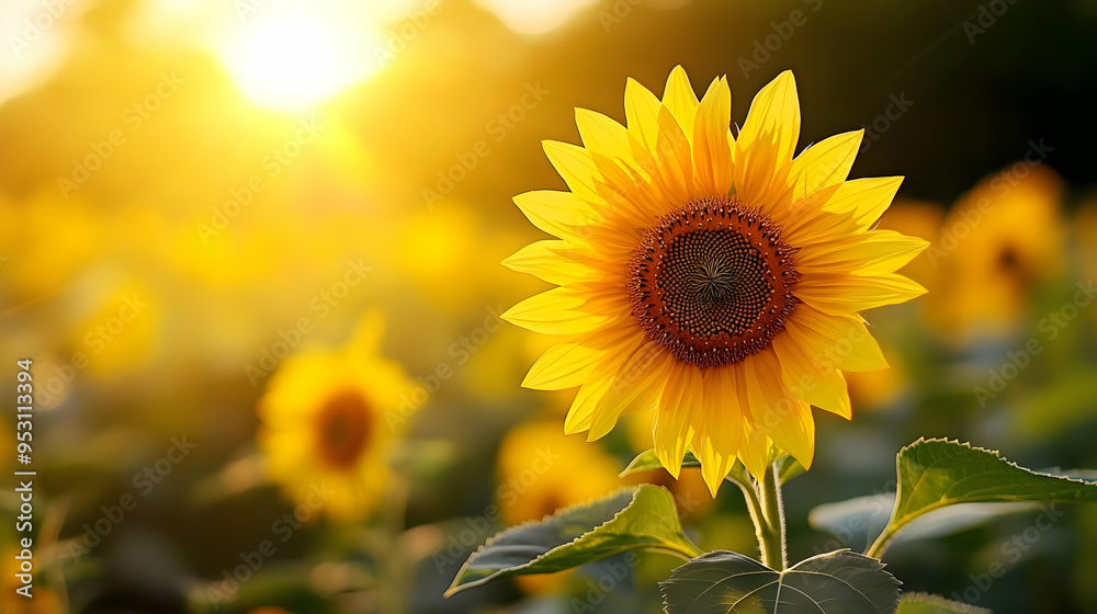 Fototapeta premium Sunflower in a Field of Yellow Flowers During Sunset