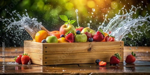 Fototapeta Naklejka Na Ścianę i Meble -  Close up of fruit box on wooden table with water splashing